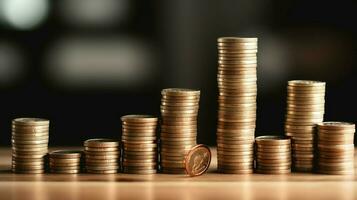 Stacks of savings coin arranged in ascending order on wooden working table or high coin towers representing the richness concept by AI Generated photo