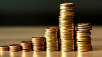 Stacks of savings coin arranged in ascending order on wooden working table or high coin towers representing the richness concept by AI Generated photo