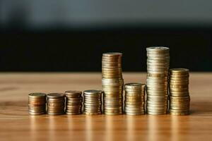 Stacks of savings coin arranged in ascending order on wooden working table or high coin towers representing the richness concept by AI Generated photo