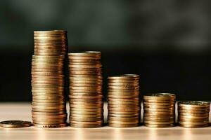 Stacks of savings coin arranged in ascending order on wooden working table or high coin towers representing the richness concept by AI Generated photo