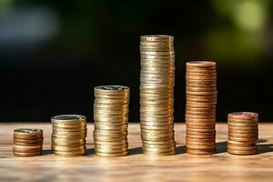 Stacks of savings coin arranged in ascending order on wooden working table or high coin towers representing the richness concept by AI Generated photo