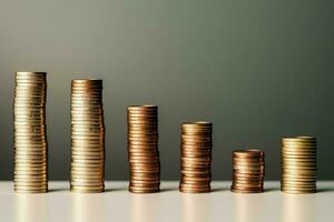 Stacks of savings coin arranged in ascending order on wooden working table or high coin towers representing the richness concept by AI Generated photo