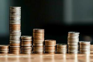 Stacks of savings coin arranged in ascending order on wooden working table or high coin towers representing the richness concept by AI Generated photo
