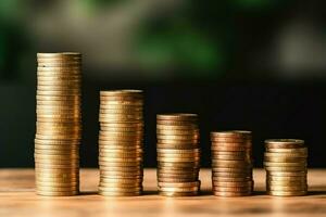 Stacks of savings coin arranged in ascending order on wooden working table or high coin towers representing the richness concept by AI Generated photo