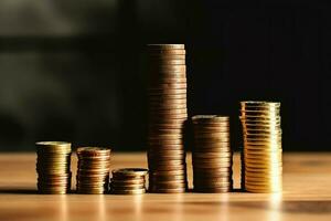 Stacks of savings coin arranged in ascending order on wooden working table or high coin towers representing the richness concept by AI Generated photo
