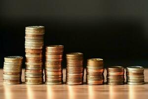 Stacks of savings coin arranged in ascending order on wooden working table or high coin towers representing the richness concept by AI Generated photo