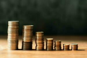 Stacks of savings coin arranged in ascending order on wooden working table or high coin towers representing the richness concept by AI Generated photo