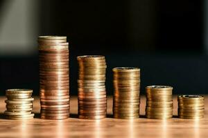 Stacks of savings coin arranged in ascending order on wooden working table or high coin towers representing the richness concept by AI Generated photo