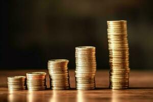 Stacks of savings coin arranged in ascending order on wooden working table or high coin towers representing the richness concept by AI Generated photo