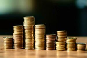 Stacks of savings coin arranged in ascending order on wooden working table or high coin towers representing the richness concept by AI Generated photo