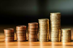 Stacks of savings coin arranged in ascending order on wooden working table or high coin towers representing the richness concept by AI Generated photo