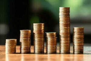 Stacks of savings coin arranged in ascending order on wooden working table or high coin towers representing the richness concept by AI Generated photo