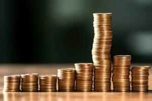 Stacks of savings coin arranged in ascending order on wooden working table or high coin towers representing the richness concept by AI Generated photo