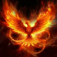 Phoenix bird with outstretched wings rising burning in flames. Epic phoenix bird fire rebirth power concept by AI Generated photo