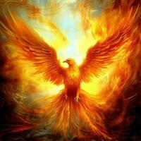 Phoenix bird with outstretched wings rising burning in flames. Epic phoenix bird fire rebirth power concept by AI Generated photo