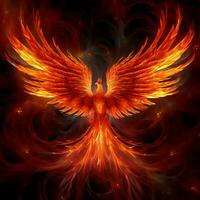 Phoenix bird with outstretched wings rising burning in flames. Epic phoenix bird fire rebirth power concept by AI Generated photo