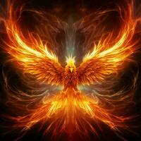 Phoenix bird with outstretched wings rising burning in flames. Epic phoenix bird fire rebirth power concept by AI Generated photo