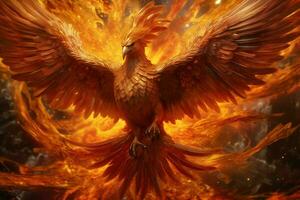 Phoenix bird with outstretched wings rising burning in flames. Epic phoenix bird fire rebirth power concept by AI Generated photo