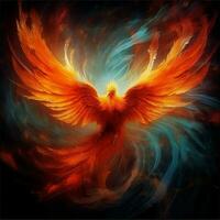 Phoenix bird with outstretched wings rising burning in flames. Epic phoenix bird fire rebirth power concept by AI Generated photo