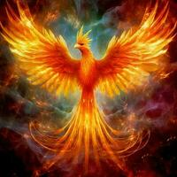 Phoenix bird with outstretched wings rising burning in flames. Epic phoenix bird fire rebirth power concept by AI Generated photo