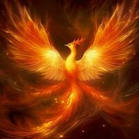 Phoenix bird with outstretched wings rising burning in flames. Epic phoenix bird fire rebirth power concept by AI Generated photo