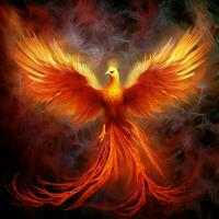 Phoenix bird with outstretched wings rising burning in flames. Epic phoenix bird fire rebirth power concept by AI Generated photo