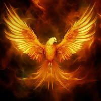 Phoenix bird with outstretched wings rising burning in flames. Epic phoenix bird fire rebirth power concept by AI Generated photo