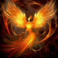 Phoenix bird with outstretched wings rising burning in flames. Epic phoenix bird fire rebirth power concept by AI Generated photo