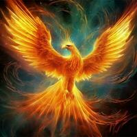 Phoenix bird with outstretched wings rising burning in flames. Epic phoenix bird fire rebirth power concept by AI Generated photo