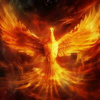 Phoenix bird with outstretched wings rising burning in flames. Epic phoenix bird fire rebirth power concept by AI Generated photo