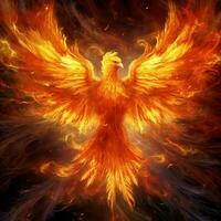 Phoenix bird with outstretched wings rising burning in flames. Epic phoenix bird fire rebirth power concept by AI Generated photo