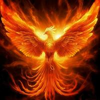 Phoenix bird with outstretched wings rising burning in flames. Epic phoenix bird fire rebirth power concept by AI Generated photo