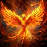 Phoenix bird with outstretched wings rising burning in flames. Epic phoenix bird fire rebirth power concept by AI Generated photo