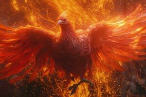 Phoenix bird with outstretched wings rising burning in flames. Epic phoenix bird fire rebirth power concept by AI Generated photo