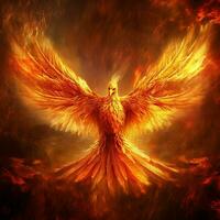 Phoenix bird with outstretched wings rising burning in flames. Epic phoenix bird fire rebirth power concept by AI Generated photo