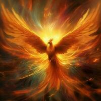 Phoenix bird with outstretched wings rising burning in flames. Epic phoenix bird fire rebirth power concept by AI Generated photo