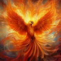 Phoenix bird with outstretched wings rising burning in flames. Epic phoenix bird fire rebirth power concept by AI Generated photo