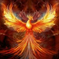 Phoenix bird with outstretched wings rising burning in flames. Epic phoenix bird fire rebirth power concept by AI Generated photo