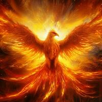 Phoenix bird with outstretched wings rising burning in flames. Epic phoenix bird fire rebirth power concept by AI Generated photo