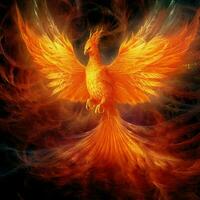 Phoenix bird with outstretched wings rising burning in flames. Epic phoenix bird fire rebirth power concept by AI Generated photo