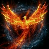 Phoenix bird with outstretched wings rising burning in flames. Epic phoenix bird fire rebirth power concept by AI Generated photo