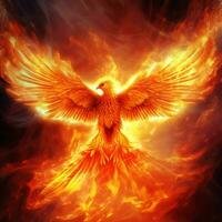 Phoenix bird with outstretched wings rising burning in flames. Epic phoenix bird fire rebirth power concept by AI Generated photo