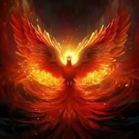 Phoenix bird with outstretched wings rising burning in flames. Epic phoenix bird fire rebirth power concept by AI Generated photo