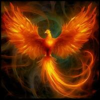 Phoenix bird with outstretched wings rising burning in flames. Epic phoenix bird fire rebirth power concept by AI Generated photo