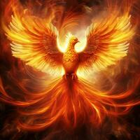 Phoenix bird with outstretched wings rising burning in flames. Epic phoenix bird fire rebirth power concept by AI Generated photo