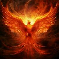 Phoenix bird with outstretched wings rising burning in flames. Epic phoenix bird fire rebirth power concept by AI Generated photo