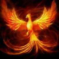 Phoenix bird with outstretched wings rising burning in flames. Epic phoenix bird fire rebirth power concept by AI Generated photo