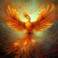 Phoenix bird with outstretched wings rising burning in flames. Epic phoenix bird fire rebirth power concept by AI Generated photo