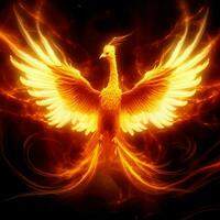 Phoenix bird with outstretched wings rising burning in flames. Epic phoenix bird fire rebirth power concept by AI Generated photo