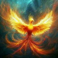 Phoenix bird with outstretched wings rising burning in flames. Epic phoenix bird fire rebirth power concept by AI Generated photo